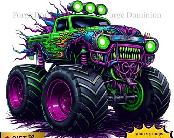 Neon Horror Monster Truck PNG – Halloween-tröja Clipart (Direkt nedladdning)