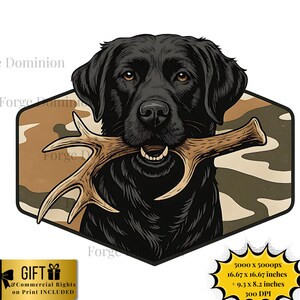 Può includere: Illustrazione di un Labrador Retriever nero con una corna marrone in bocca, su uno sfondo mimetico all'interno di un esagono. L'immagine include testo che indica i diritti di stampa commerciale.