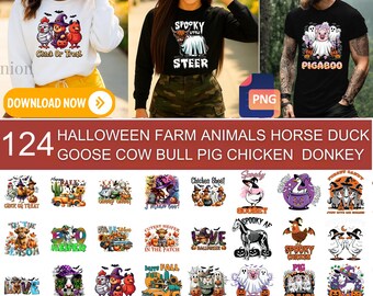 Könnte beinhalten: Eine Sammlung von Halloween-Designs mit Bauernhoftieren und gruseligen Elementen. Die Designs enthalten Texte wie "Chick or Treat", "Spooky Little Steer" und "Pigaboo". Das Bild enthält auch einen "Download Now"-Button und den Text "124 Halloween Farm Animals Horse Duck Goose Cow Bull Pig Chicken Donkey."