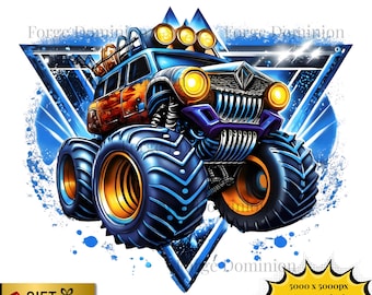 May include: A digital illustration of a monster truck with large blue tires and orange rims. The truck has a blue body with orange and purple accents, and bright yellow headlights. The background features a blue triangle and the text "Forge Dominion".