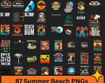 Retro Summer Beach PNG Clipart Bundle | Tropical Coastal Graphics (Commercial Use)