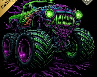 Neon Horror Monster Truck PNG – Halloween-tröja Clipart (Direkt nedladdning)