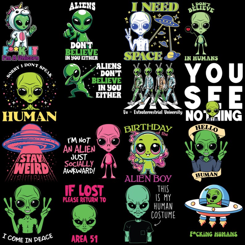 Funny Alien Clipart Bundle: Sarcastic UFO Pngs (commercial Use, Instant ...