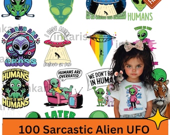 Paquete de imágenes prediseñadas de extraterrestres divertidos: PNG de ovnis sarcásticos (uso comercial, descarga instantánea)