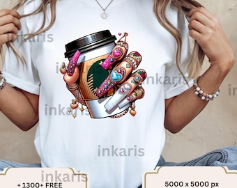 Coffee Cup & Glam Nails PNG • Fall Fashion Clipart (Commercial Use)