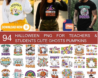 Puede incluir: Una colección de gráficos PNG con temática de Halloween que presentan fantasmas, calabazas y texto. Los diseños incluyen frases como "BOOOOKS", "Charming Little Witches" y "Read More Books". Perfecto para profesores y estudiantes.