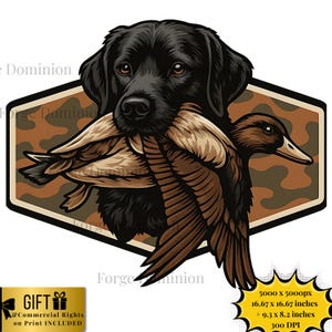Può includere: Illustrazione di un Labrador Retriever nero con un'anatra in bocca, su uno sfondo mimetico all'interno di una cornice esagonale. L'illustrazione ha uno stile dettagliato e realistico, con il pelo del cane e le piume dell'anatra rese con precisione.