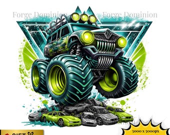 Monster Truck Neon Green PNG – Akvarell Splash Shirt Clipart (Direkt Nedladdning)