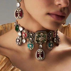 Premium Amrapali Inspired Victorian Gold Multi color Uncut Faux Polki Kundan Necklace With Earrings Indian Pakistani Designer Jewelry OOAK