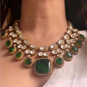 Fine Gold Finish Emerald Green Doublet Stones Uncut Moissanite Polki Kundan Wedding Jewelry Necklace Set with Earrings Sabyasachi Jewelry