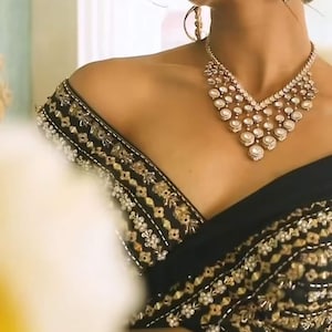 Premium quality Mossanite polki antique gold plated bridal wedding Statement Indian Pakistani Sabyasachi inspired necklace set with earrings