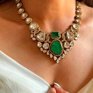 Fine Gold Finish Doublet Stones Uncut Moissanite Kundan Wedding Jewelry Necklace Set with Earrings,Sabyasachi Jewelry,Statement necklace