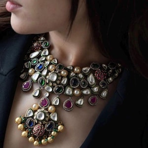 Sabyasachi Inspired Premium Victorian Fusion Uncut Polki Kundan Ruby Emerald Sapphire Pearl Statement Necklace set With Chaandbali Earrings