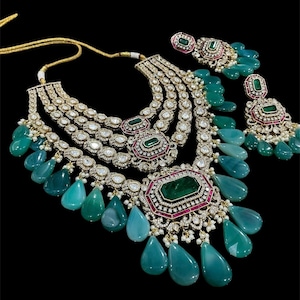 Royal Uncut Polki Kundan Necklace/ Sabyasachi inspired Doublet and Zambian stones/Indian Pakistani Bridal Wedding Statement necklace set