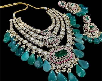 Royal Uncut Polki Kundan Necklace/ Sabyasachi inspired Doublet and Zambian stones/Indian Pakistani Bridal Wedding Statement necklace set