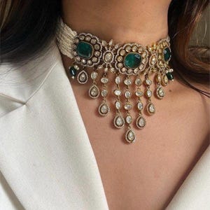 Sabyasachi inspired emerald green uncut kundan Victorian choker set with earrings doublet necklace Indian Pakistani Statement jewelry set