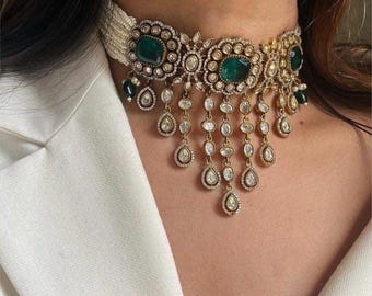 Sabyasachi inspired emerald green uncut kundan Victorian choker set with earrings doublet necklace Indian Pakistani Statement jewelry set
