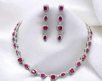 Amerikanische Diamant Halskette mit Ohrringen / Brautjungfer Braut Hochzeit Halskette / indischer pakistanische Designer Stein und Diamant Schmuck