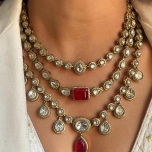 Ruby Red Layered Uncut Polki Kundan Long Necklace Sabyasachi Jewelry Diamond Necklace India Moissanite Polki Pendant Uncut Kundan Jewelry