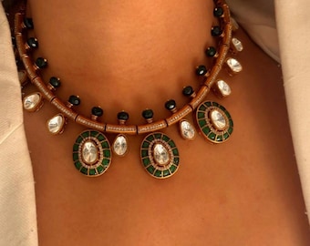Emerald Polki Green Kundan Hasli Choker Necklace Sabyasachi Jewelry Uncut Polki Diamond Necklace Indian Moissanite Pendant Uncut Kundan Set