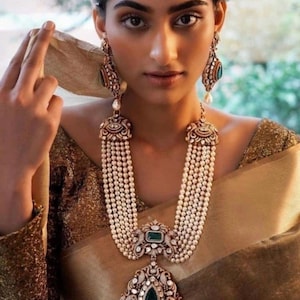 Long Victorian Layered Pearl Emerald Green Ruby Doublet Necklace With Statement Earrings,long Indian Necklace sabyasachi Set,Royal jewelry