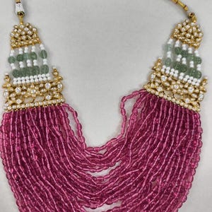 Jadau Kundan long ruby pink multi string Necklace Set with stud earrings/Sabyasachi Inspired Jewelry/Bollywood Jewelry/Statement necklace image 3
