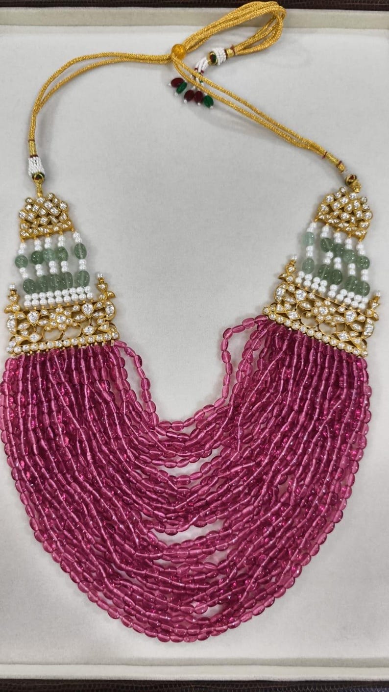 Jadau Kundan long ruby pink multi string Necklace Set with stud earrings/Sabyasachi Inspired Jewelry/Bollywood Jewelry/Statement necklace image 3