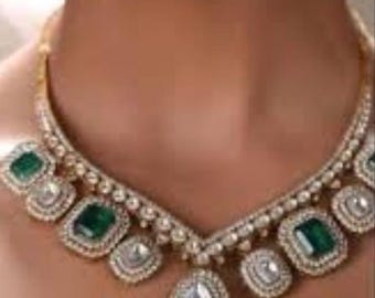 Fine finitura oro verde smeraldo doppietto pietre grezze moissanite polki kundan gioielli da sposa collana set con orecchini Sabyasachi Jewelry
