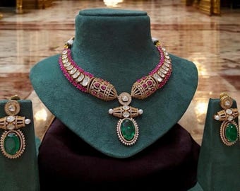 Designer Moissanite Polki Doublet Stone incastonato con orecchini, collana statement, collana fusion, gioielli indiani, gioielli da sposa, gioielli da sposa
