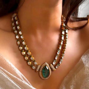 Gold Finish Emerald Green Ruby polki Doublet Stones Uncut Moissanite Polki Kundan Wedding Jewelry Necklace Set with Earings statment Jewelry