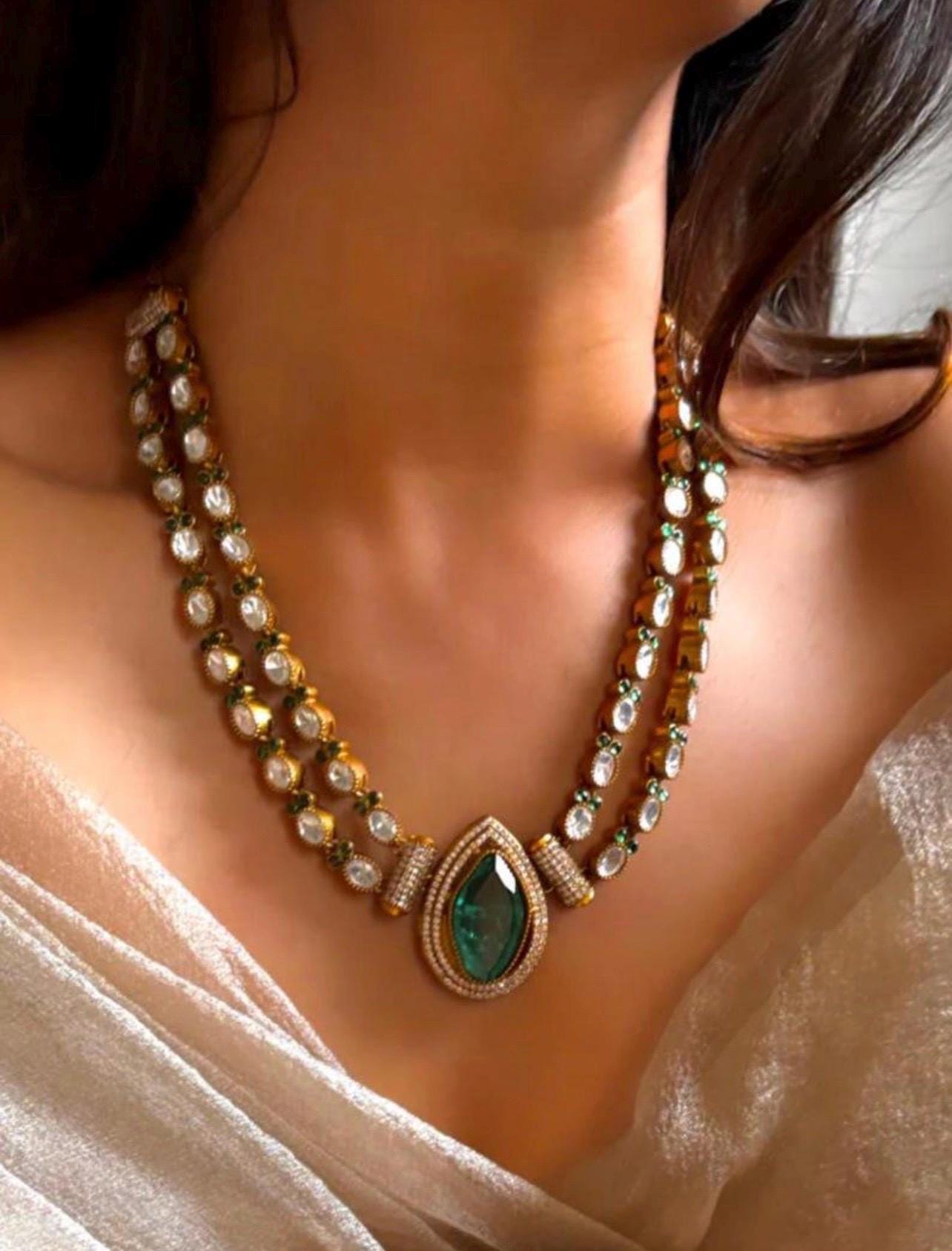 Gold Finish Emerald Green Ruby polki Doublet Stones Uncut Moissanite Polki Kundan Wedding Jewelry Necklace Set with Earings statment Jewelry