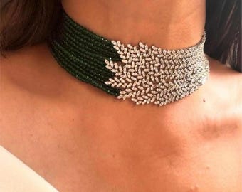 Collana con diamanti e perline e orecchini incastonati, collana con diamanti cz/bollywood/collana importante/set girocollo/rosso rubino/verde menta/pezzo unico