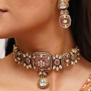 Victorian Pink Kundan Choker/Indian Necklace/Indian Choker/Indian Wedding Necklace Set/Pakistani Jewelry/Sabyasachi Choke set/statement set