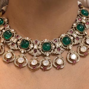 Fine Gold Finish Emerald Mint Green Uncut Moissanite Polki Kundan Wedding Jewelry Necklace Set with Earrings/ Sabyasachi Statement Jewelry