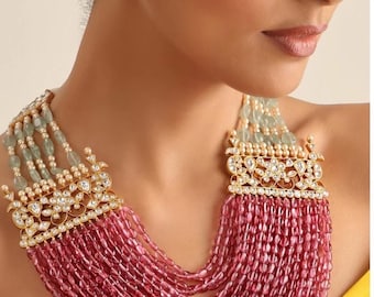 Jadau Kundan lange robijnroze multi-string ketting set met oorstekers/Sabyasachi geïnspireerde sieraden/Bollywood-sieraden/statementketting