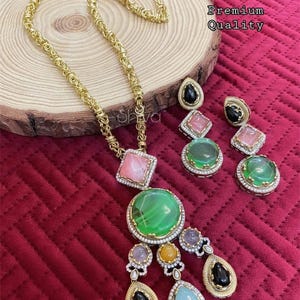 Royal Sabyasachi Inspired doublet Pendant Necklace With Earrings,Indian Pakistani Punjabi Wedding Bridal Jewelry Set/Statement Set