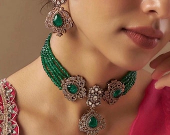 Gargantilla Kundan de moissanita verde esmeralda premium inspirada en Sabyasachi, joyería Polki, conjunto Kundan de piedra verde victoriana india, gargantilla llamativa
