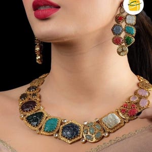 Sabyasachi Inspired Moissanite Polki necklace with Navratan kundan carving stones/Celebrity Wedding Set/Statement necklace/Bridal Indian set