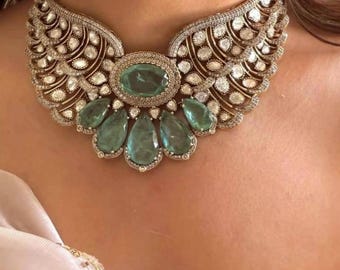 Designer Moissanite Polki Doublet Stone incastonato con orecchini, collana statement, collana fusion, gioielli indiani, gioielli da sposa, gioielli da sposa