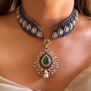 Blue Kundan Necklace Sabyasachi Victorian Polki Diamond Necklace Heavy India Bridal Choker Blue Stone Indian Polki Necklace Pakistani Choker