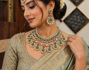 Tyaani inspired polki mossanite necklace ruby pink emerald green necklace with earrings and tikka/statement Indian Pakistani bridal wedding