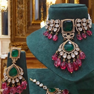 Designer Moissanite Polki Doublet Stone set with earrings,statement necklace,fusion necklace,Indian jewelry,bridal jewelry,wedding jewelry