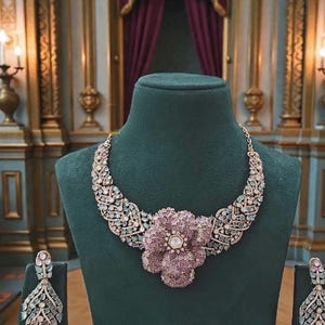 May include: A luxurious necklace and earring set displayed on a green velvet bust. The necklace features a large, pink flower pendant and intricate detailing with clear and blue stones. The earrings mirror the design, showcasing a blend of pink and blue hues.