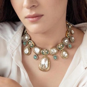 Victorian Sabyasachi inspired Light Blue Turquoise Mint Moissanite polki Kundan Necklace,Bollywood Designer Statement necklace/Indian set