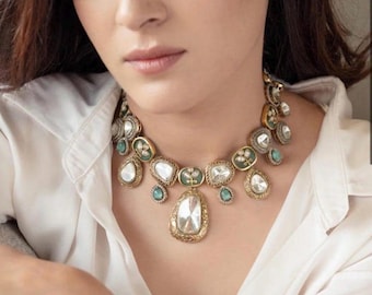 Collana Kundan in moissanite polki turchese azzurro menta ispirata al Vittoriano Sabyasachi, collana statement di Bollywood Designer/set indiano