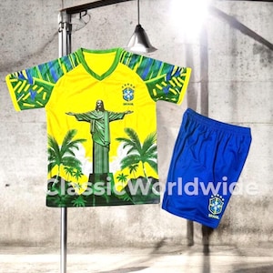 Brazil Jesus Version Football Kit Neymar Jr Ronaldo Ronaldinho Vini Jr | Kids Brasil Soccer Set Pele