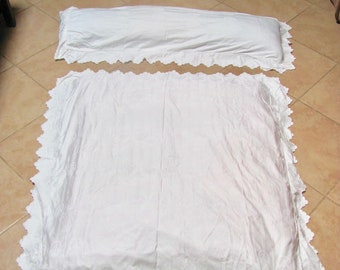 Vintage 50's - Child size Embroidered  White Comforter Slipcover and Assorted Long Pillow Case