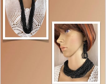 Black Multi Strands Heishi Beads Necklace Set Southwestern Style. 2 Pairs assorted earrings