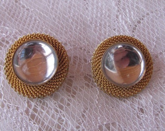 Vintage 60's Clip Earrings - Clear Crystal ball - Lattice gold plated filigree