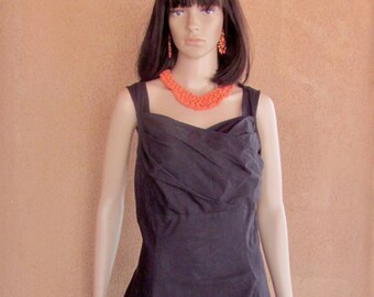 Black cotton summer dress, sleeveless, with orange embroidered flower on skirt- Large size -